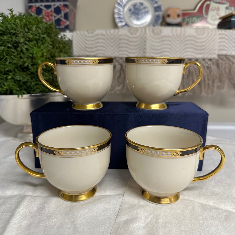 Vintage Lenox Hancock Presidential Collection 4 Piece Footed Teacups Gilded Rims